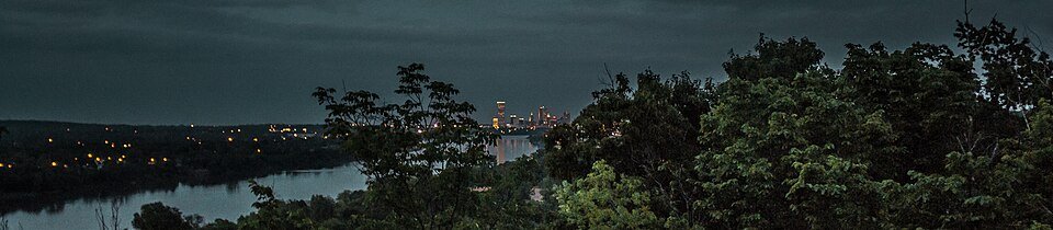Downtown Tulsa skyline at night seen from the west side of the river