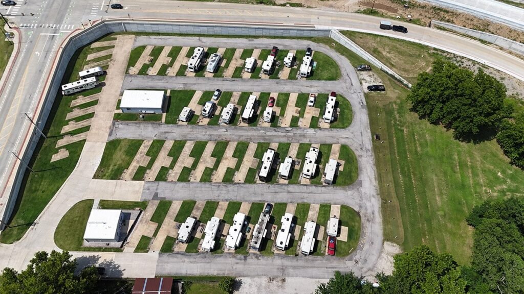 RV sites along the driveway at Click RV Park in Tulsa, Oklahoma.